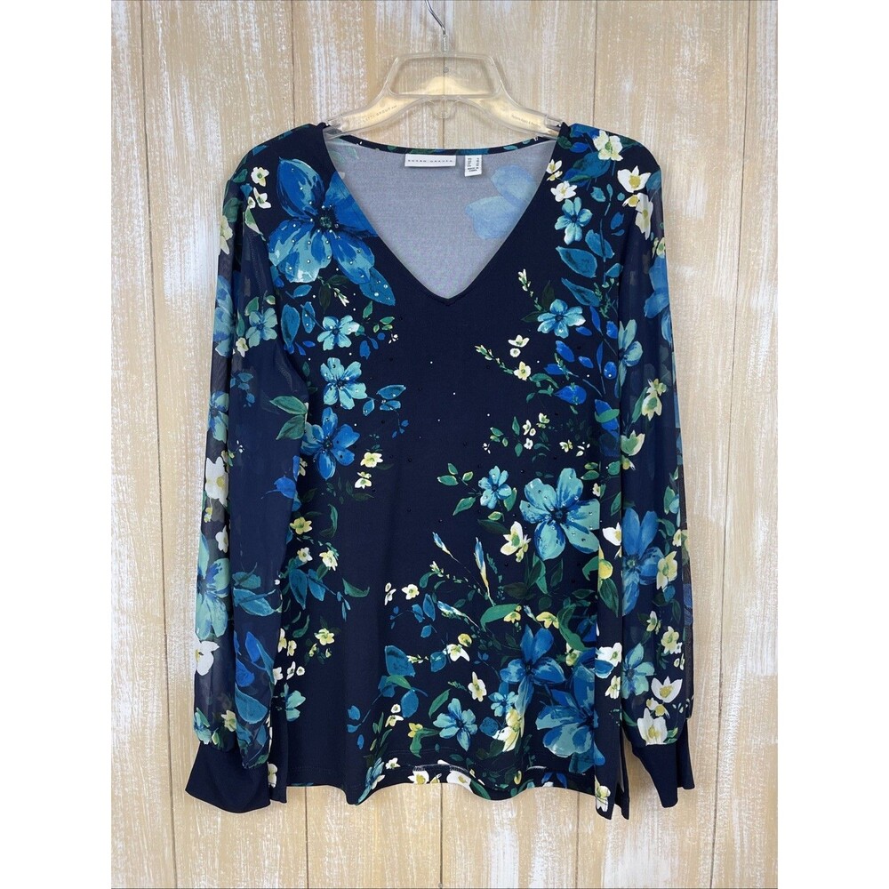 Susan Graver Blouse Women’s S Blue Floral Print Boho Sheer Sleeves